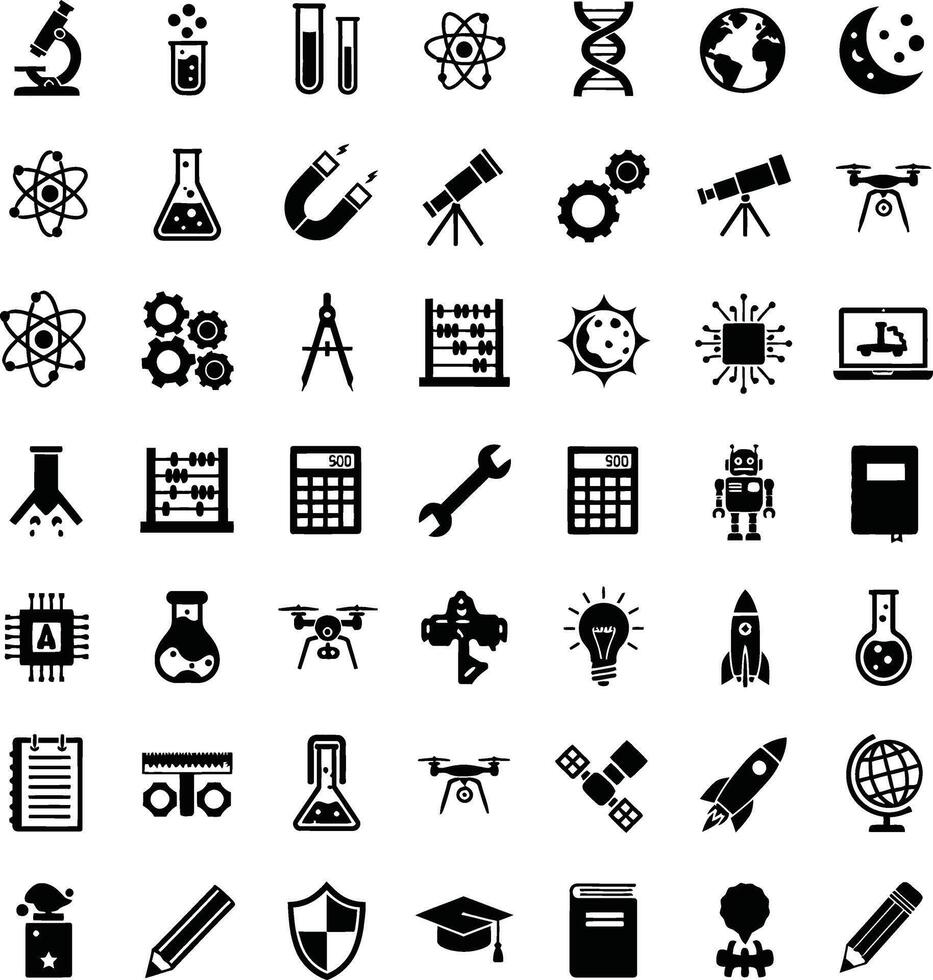 Diverse collection of science and technology icons in a grid layout vector