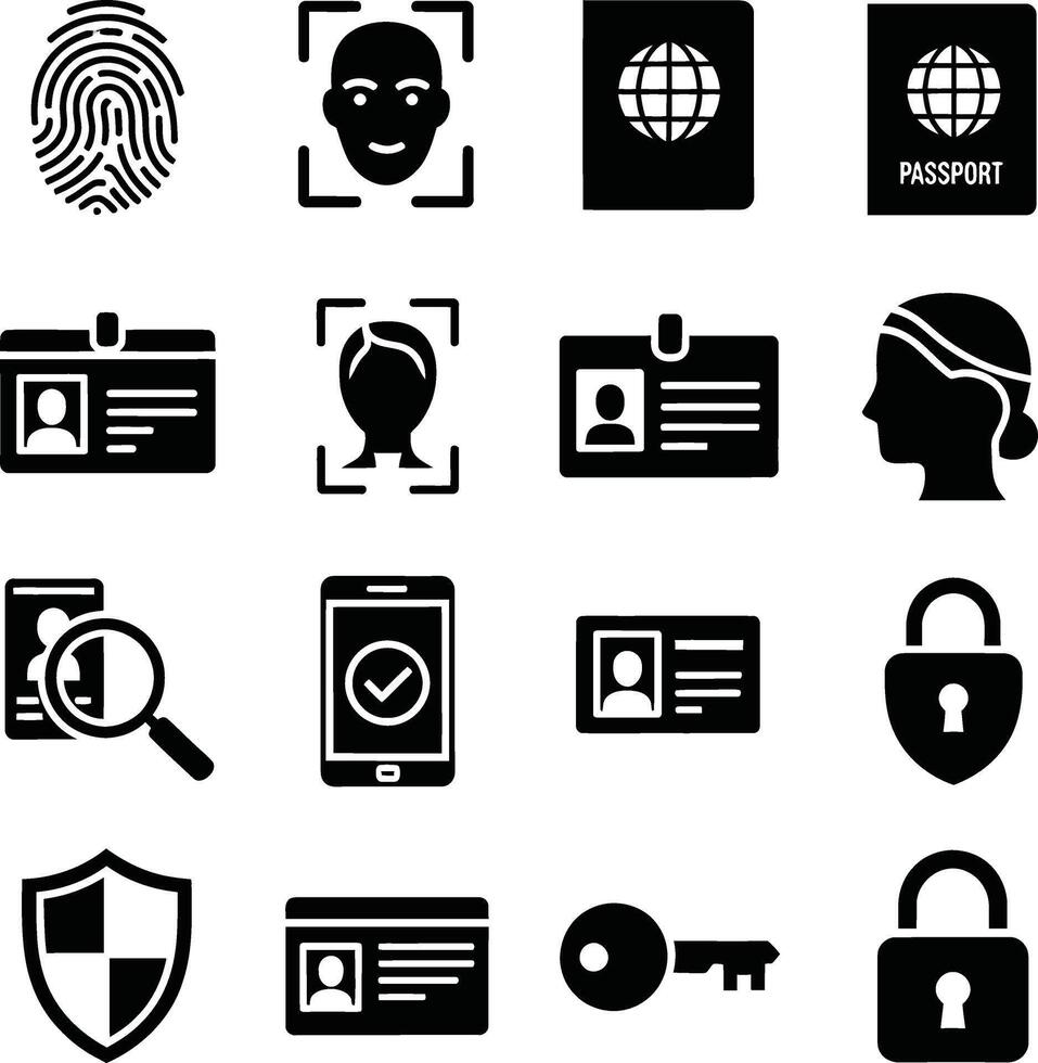 Collection of icons representing security identification and access control vector