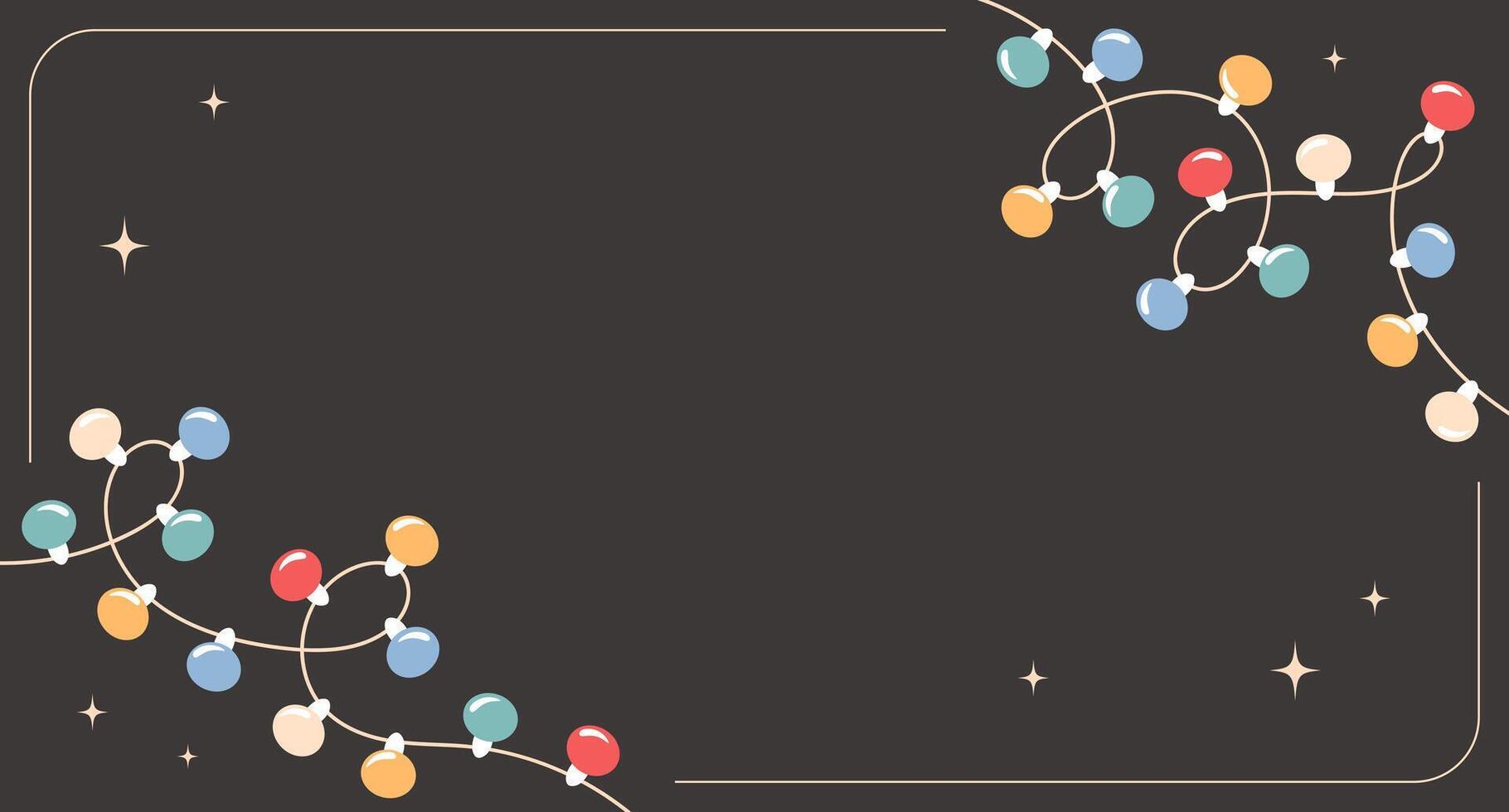 Christmas background with light bulbs and stars. Festive frame with string lights. Horizontal banner. vector