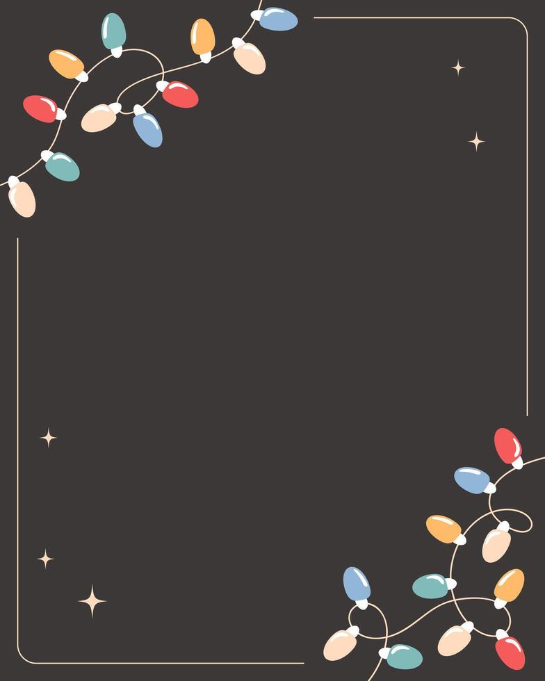 Christmas background with light bulbs and stars. Festive frame with string lights. Vertical banner. vector