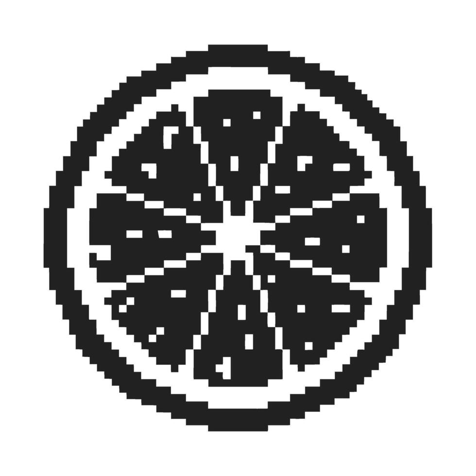 Pixelated citrus slice icon retro 8 bit orange, lemon, or lime fruit segment, minimal graphic, vintage digital design vector