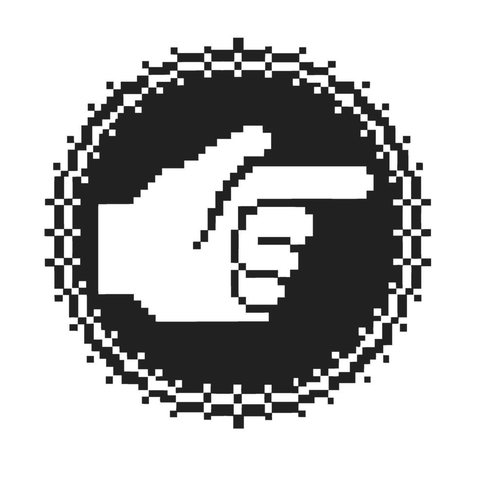 Pixelated pointing hand icon, black and white retro cursor indicating right direction for digital interfaces vector