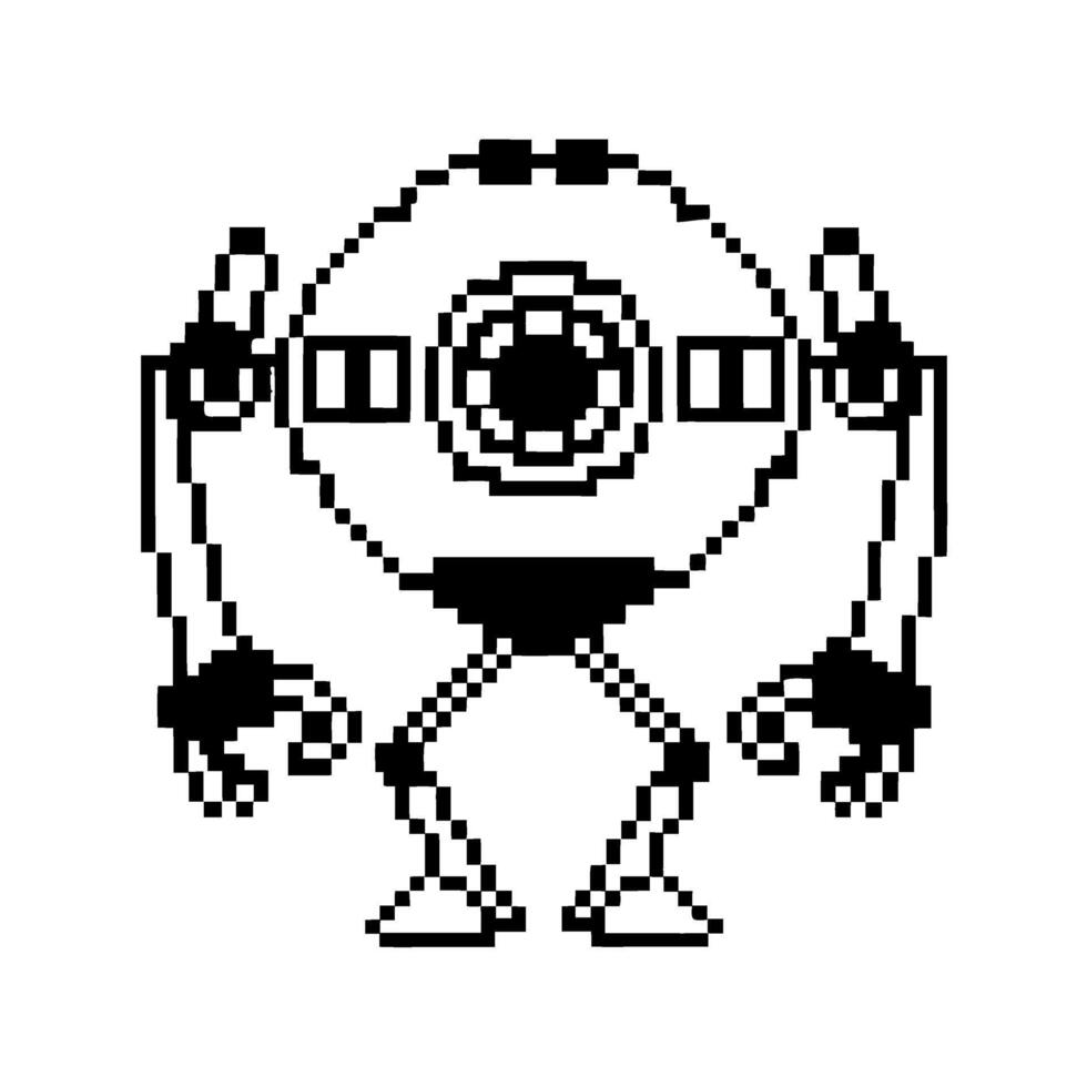 Pixel art robot with single eye, mechanical arms and legs retro digital character, futuristic technology, monochrome illustration vector