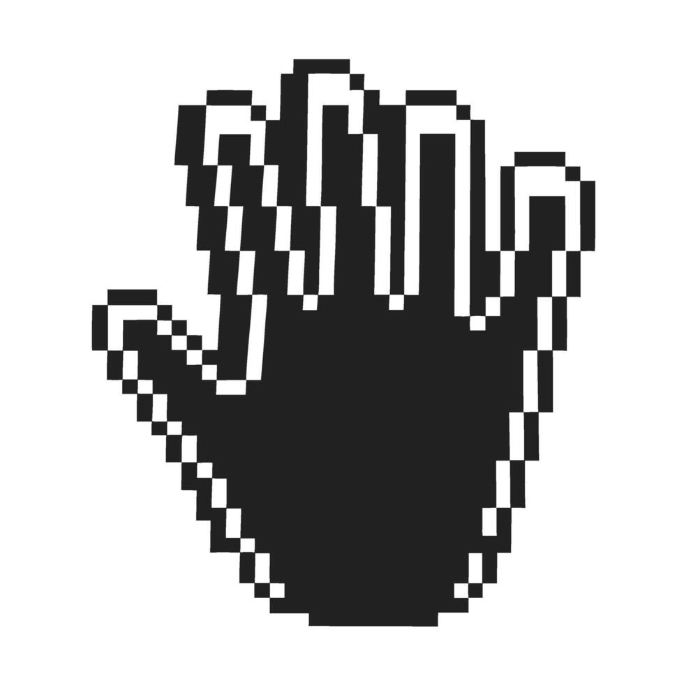 Pixelated cursor hand icon retro digital pointer, black and white glitch effect, computer symbol, user interface graphic vector
