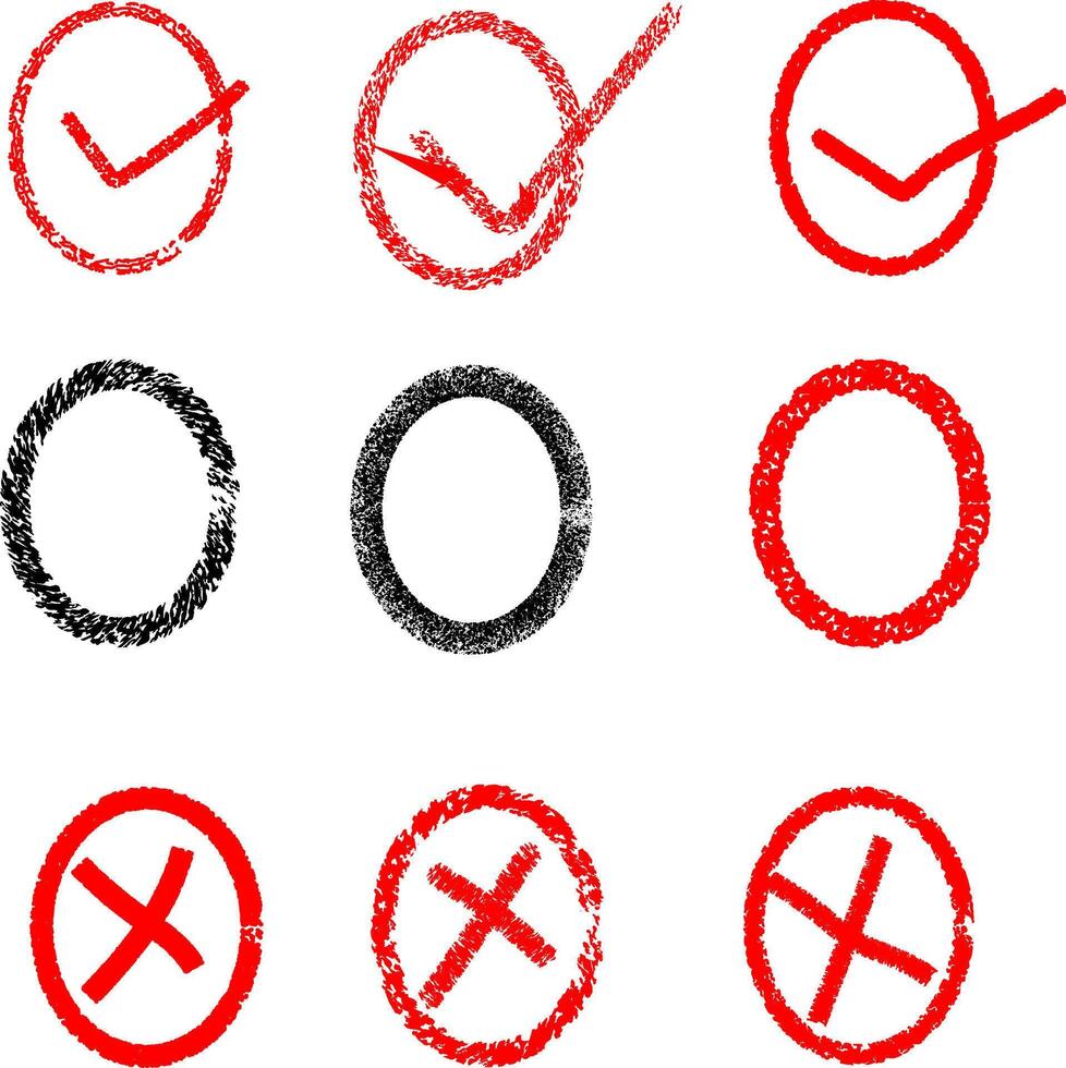 Checkmarks, circles, and cross icons Set of diverse hand-drawn symbols for choices and selections vector