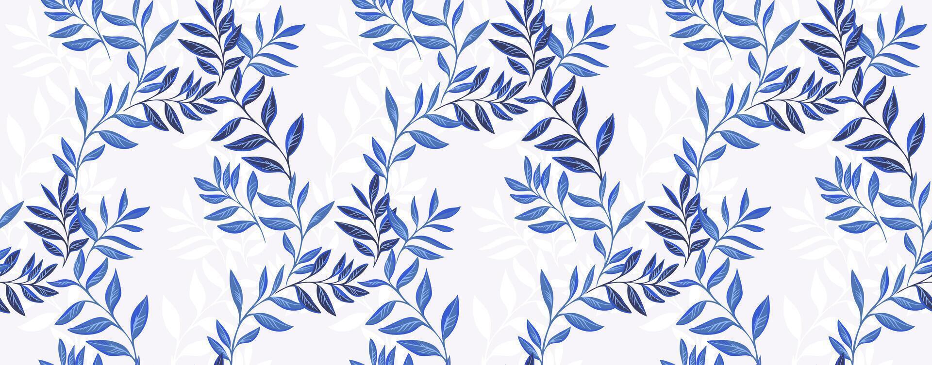 Seamless pattern with elegant blue leaves on light background. Minimal botanical design with graceful branches for fabric, wallpaper, and surface decoration vector