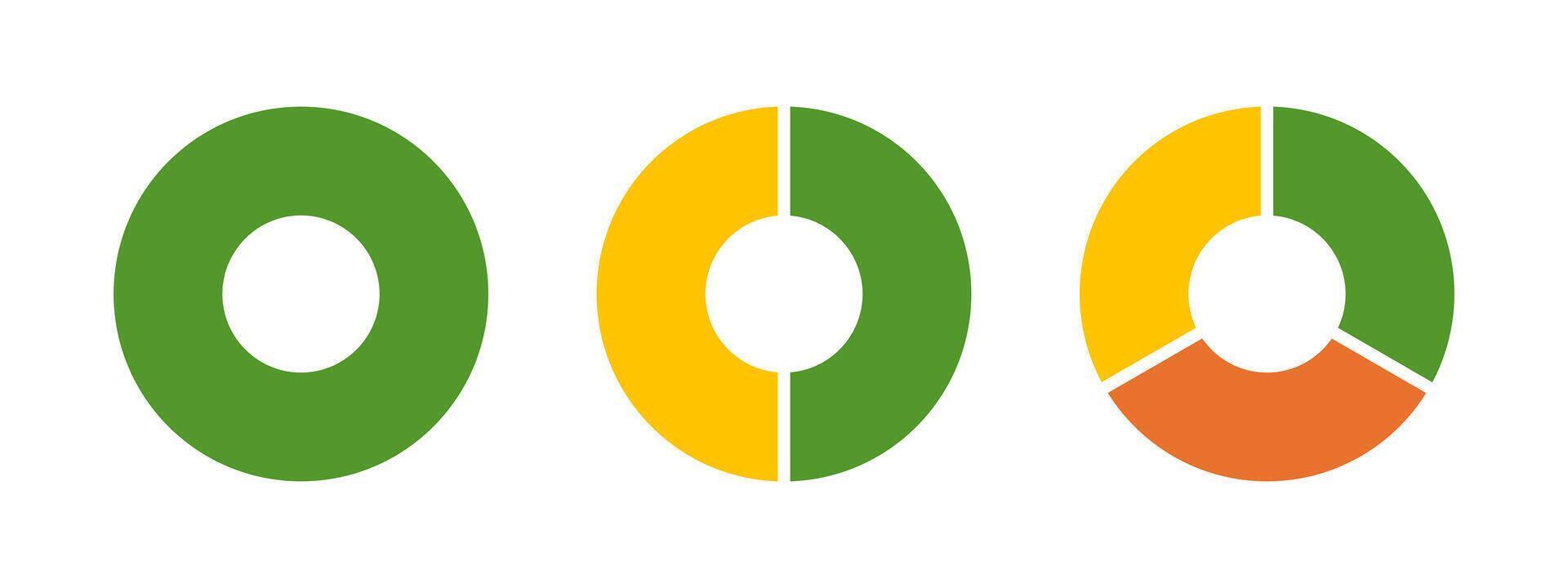 Multicolored donut charts, pies segmented on from 1 to 3 equal parts. Multicoloured diagrams infographic. Circle section graph. Wheels divided in sections. Loading bar mockup. Pie, pizza chart layout vector