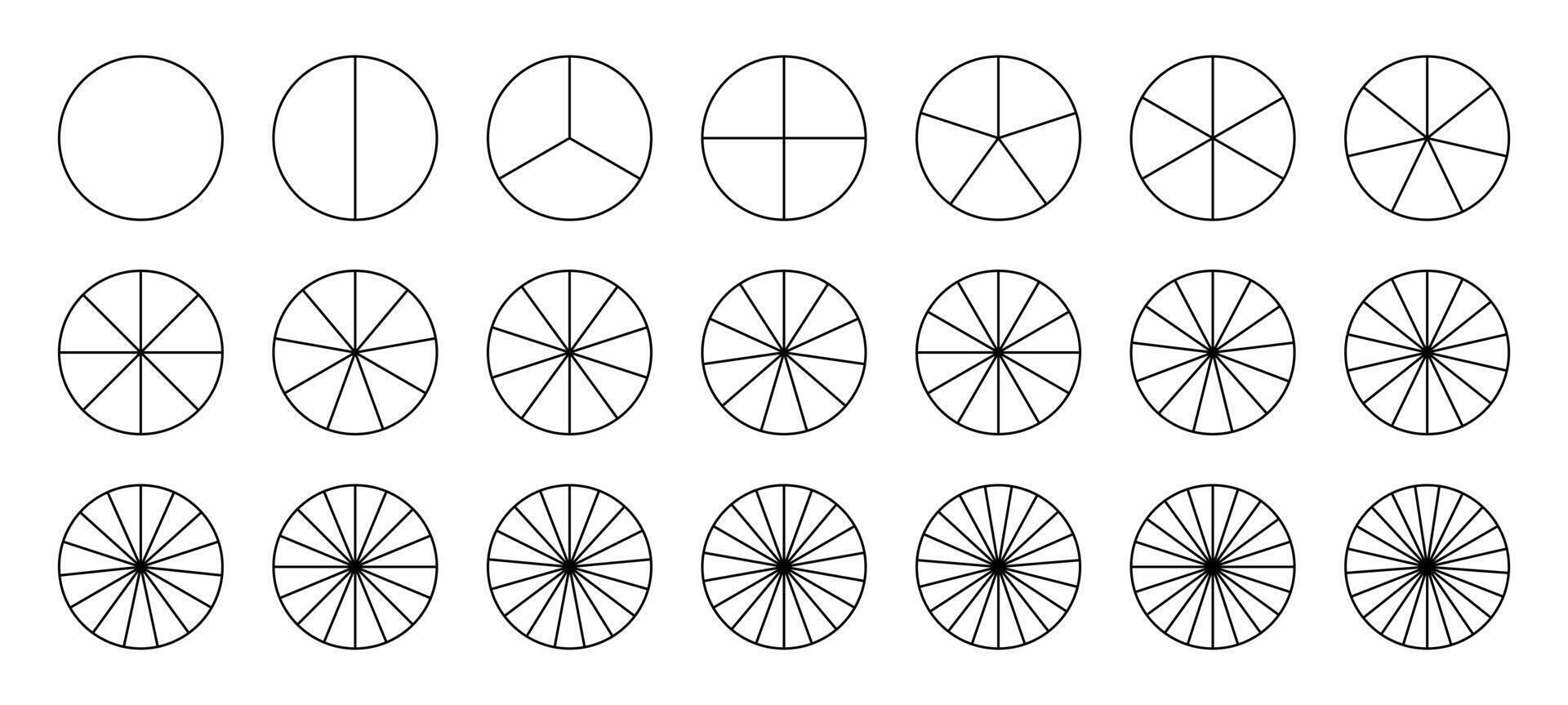 Parts of diagram wheel from 1 to 21. Template of pie chart. Coaching blank. Segmented chart. Sectors divide the circle on equal parts. Outline black graphics. Pie charts, pizza charts infographic set. vector