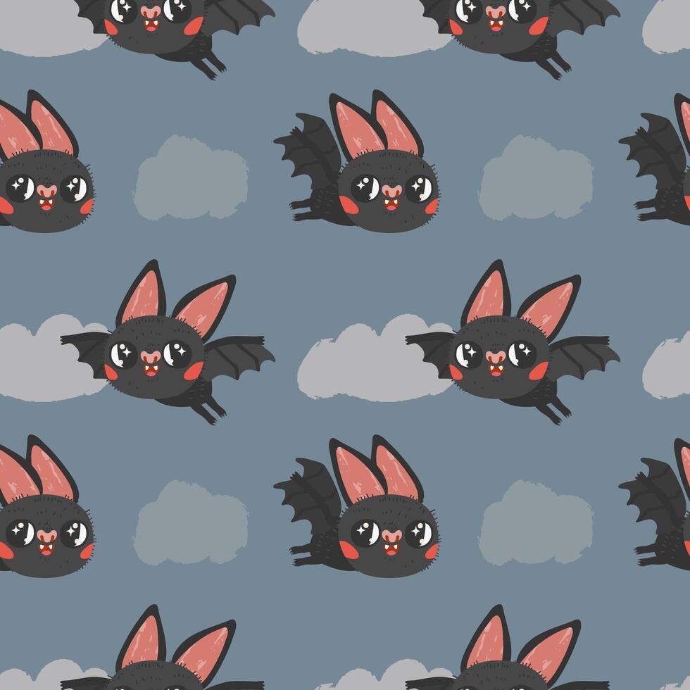 Seamless pattern of a cute bats flying in the sky with clouds on a dark background. vector