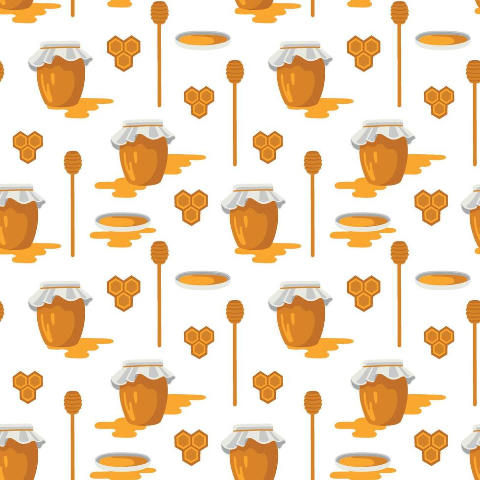 hand-drawn seamless pattern with honey, pot, honey dipper and honeycombs vector