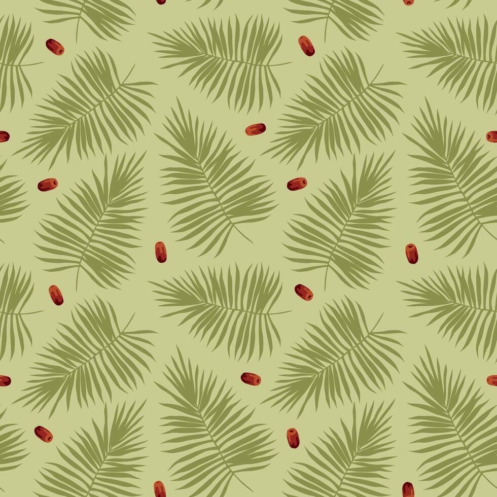 hand-drawn seamless pattern with palm leaves and dates . vector