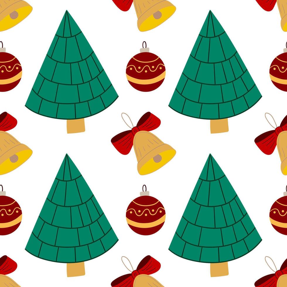 Christmas seamless pattern in hand draw style. Christmas trees, Christmas tree balls. Print for design, textile vector