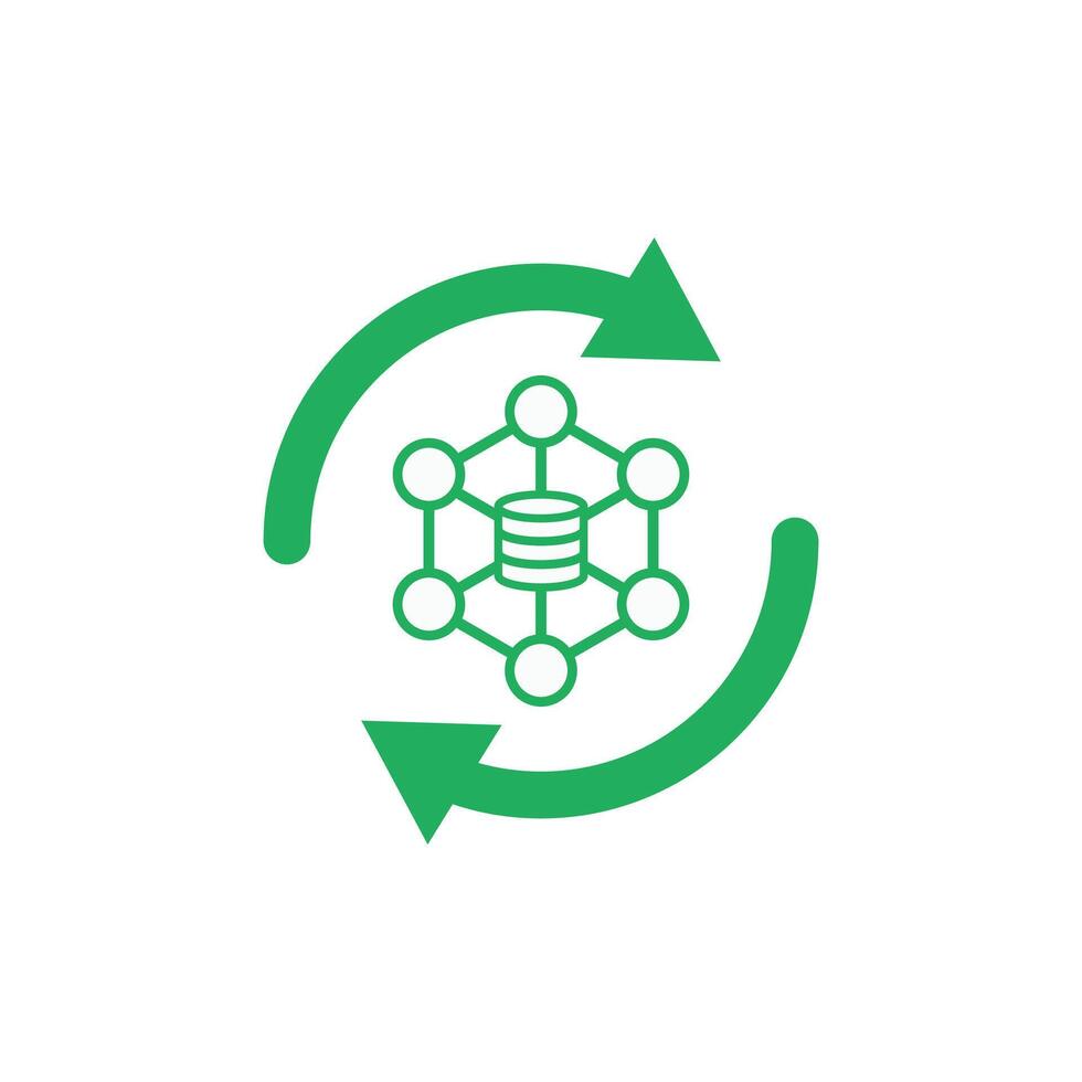 Renewable data flow icon showing circular arrows around a data node, symbolizing sustainable technology, eco-efficient data management, and continuous digital motion. vector