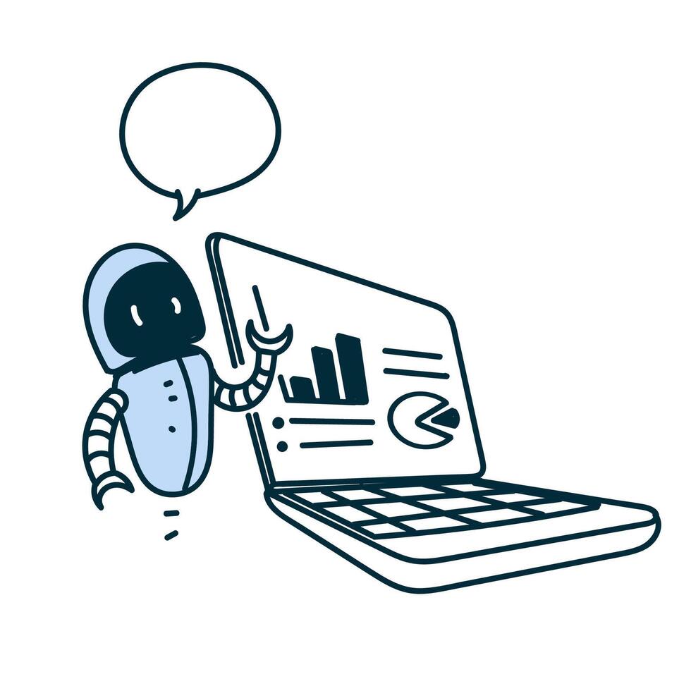 a robot is pointing at a laptop with a speech bubble and graph data vector