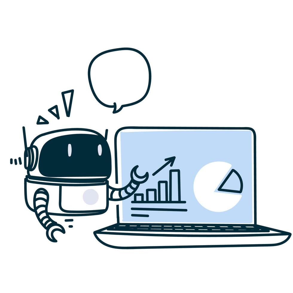 a robot is pointing at a laptop with a chart on it vector