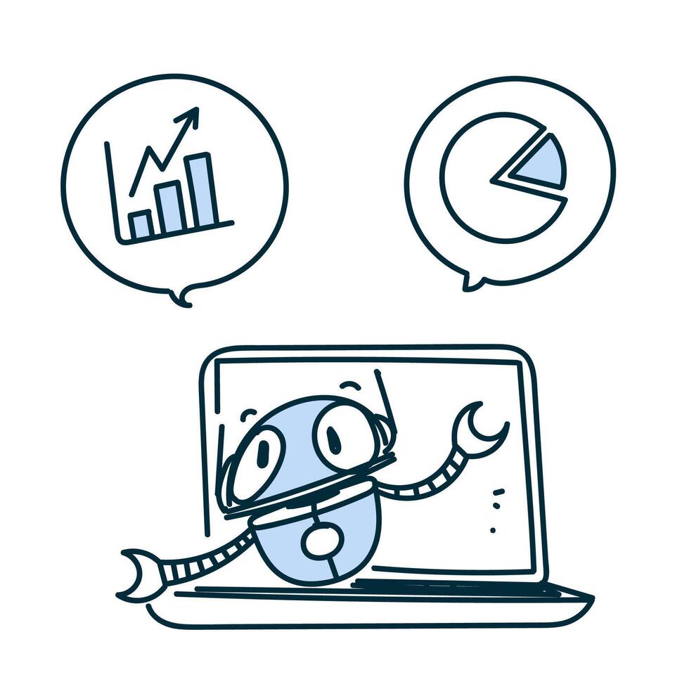 a robot is sitting on a laptop with a graph and a pie chart vector