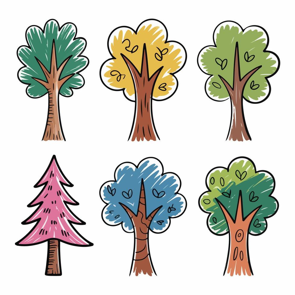 Set of Six HandDrawn Trees in Various Styles vector