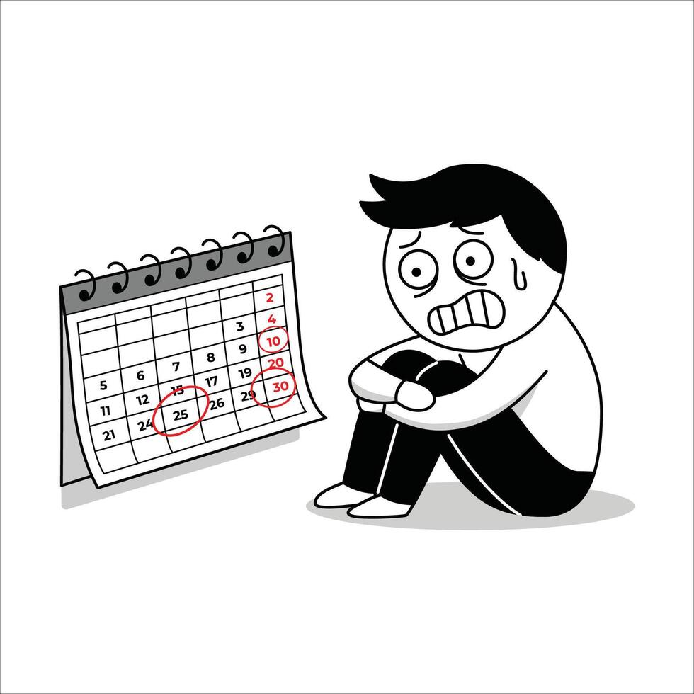 Simple Line Drawing Man Anxious with Calendar Deadline Schedule Concept vector
