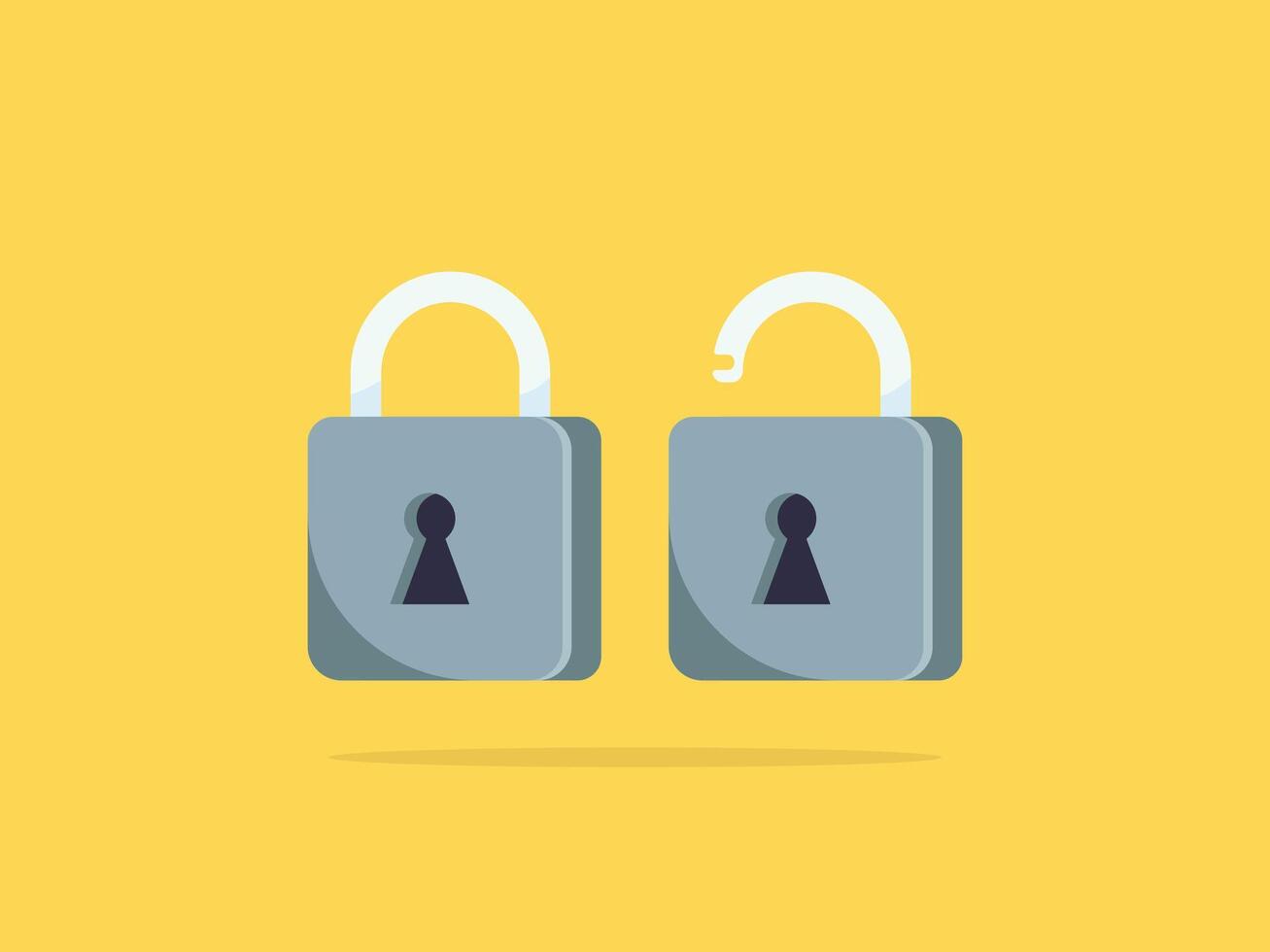 Locked and unlocked square silver padlocks. Flat security icon set on a yellow background for authentication and secure access vector