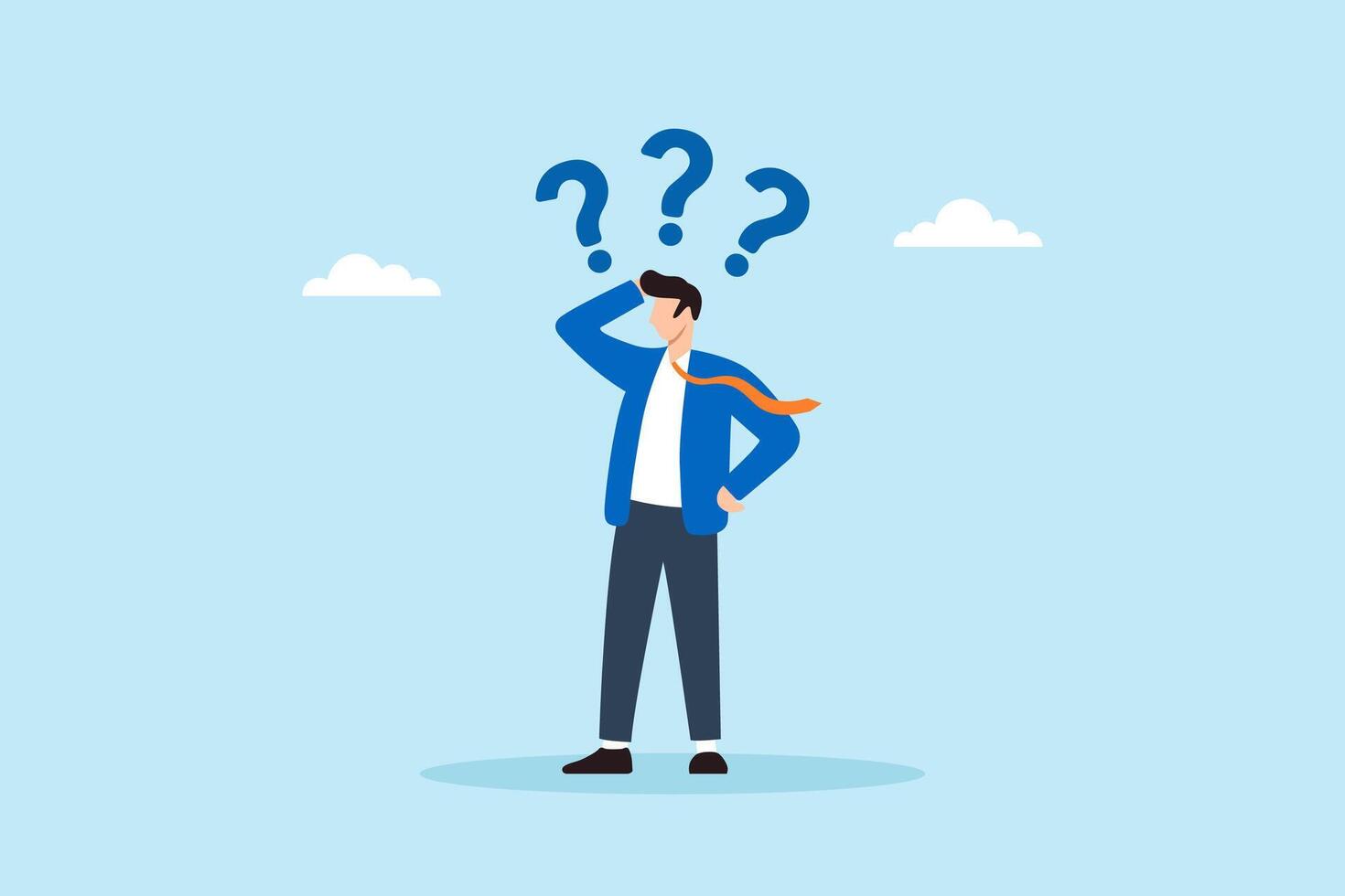 Flat illustration of confused businessman with question marks showing uncertainty memory loss hesitation and difficulty in decision making vector