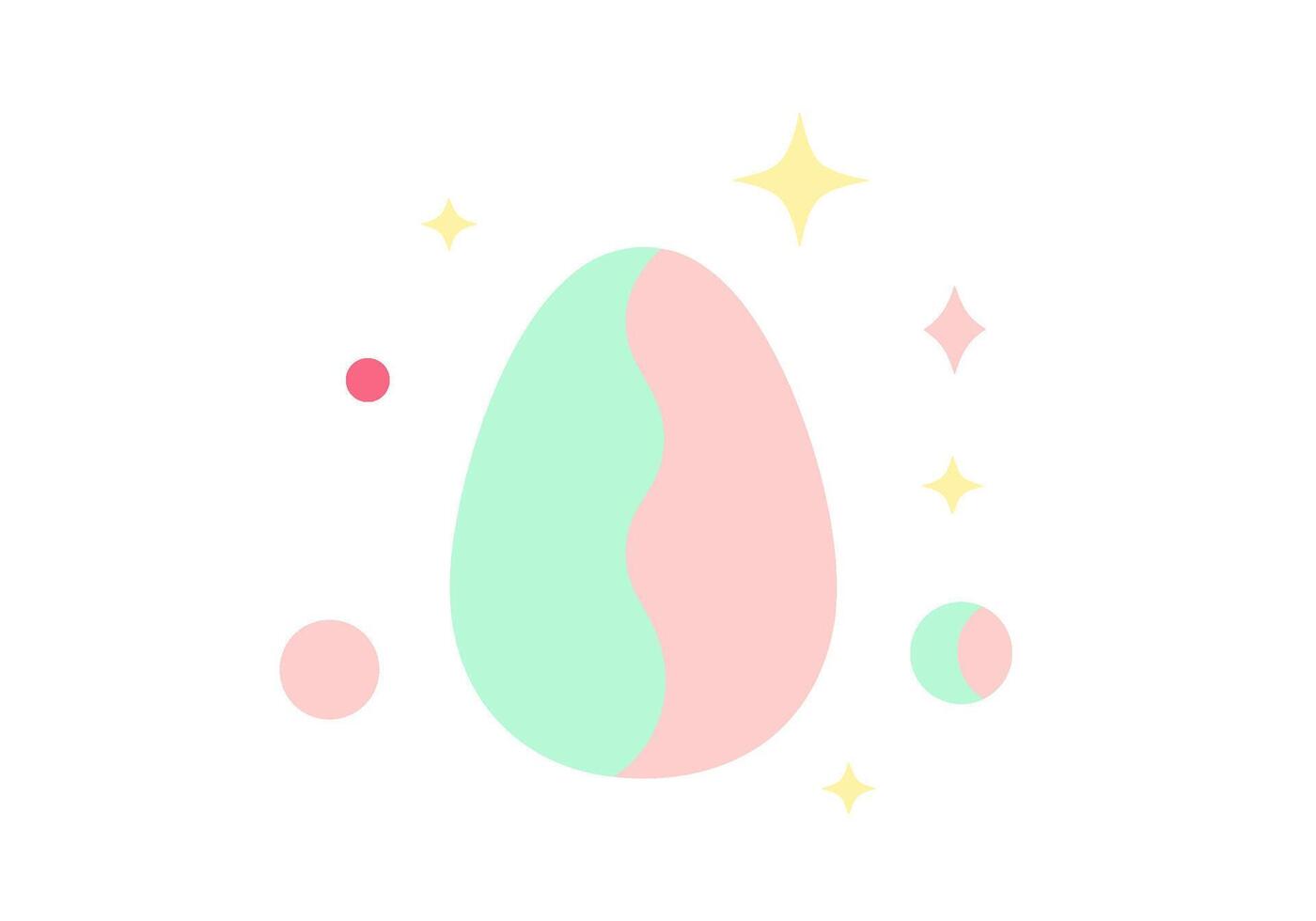 Whimsical pastel split egg illustration with sparkling stars and abstract shapes on a clean white background, evoking gentle magic and new beginnings with a modern graphic design vector