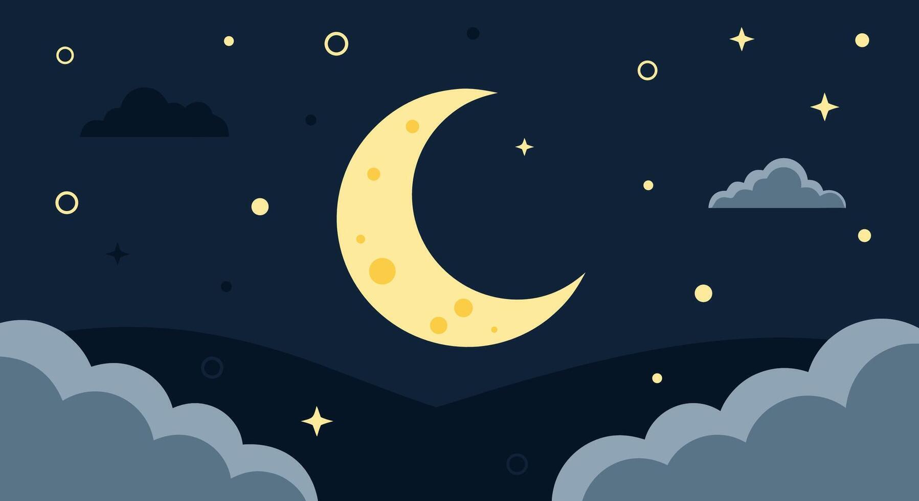 A beautiful crescent moon illuminates the night sky, surrounded by stars and soft, fluffy clouds, creating a serene and dreamy atmosphere vector