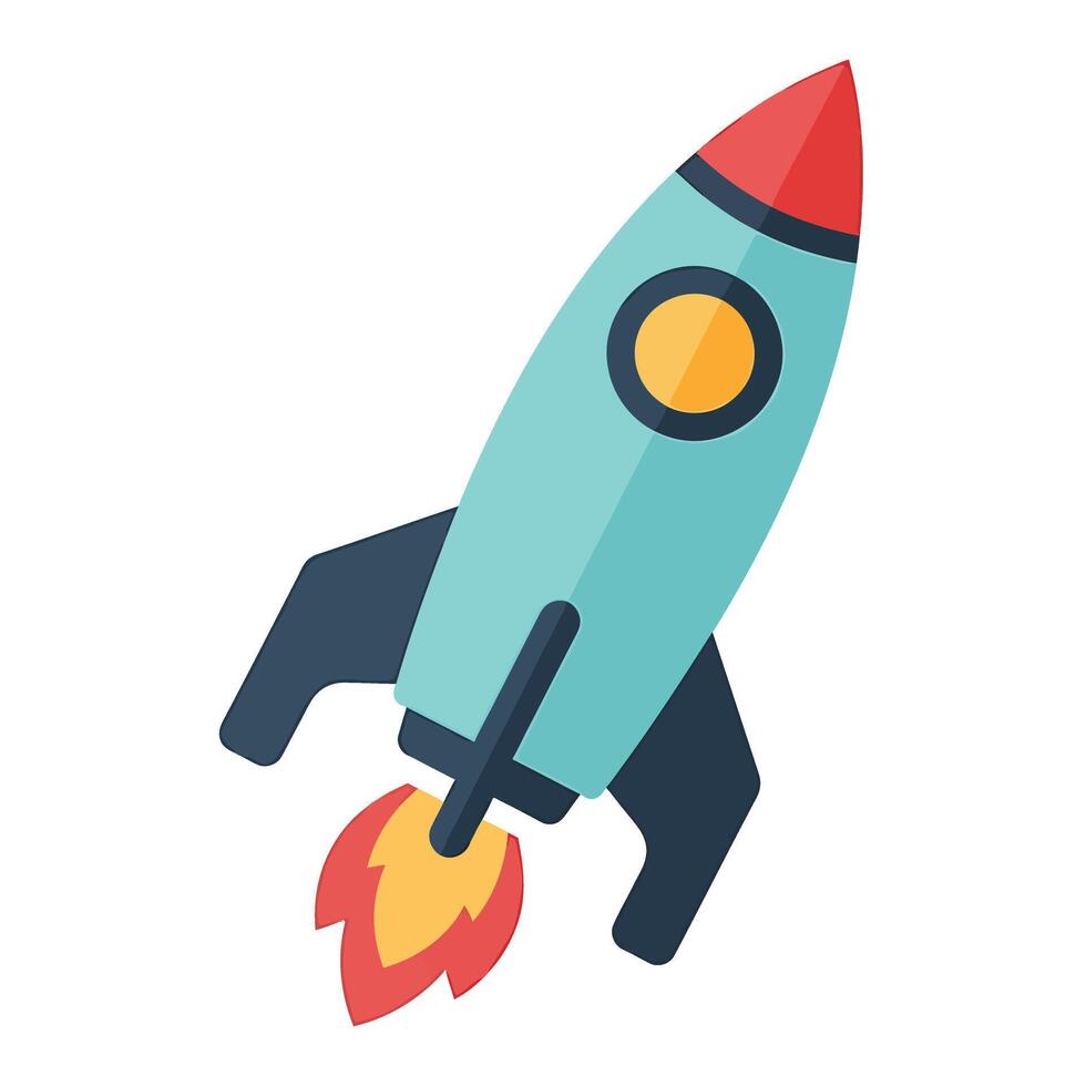 Teal rocket with red tip and orange window space launch vector