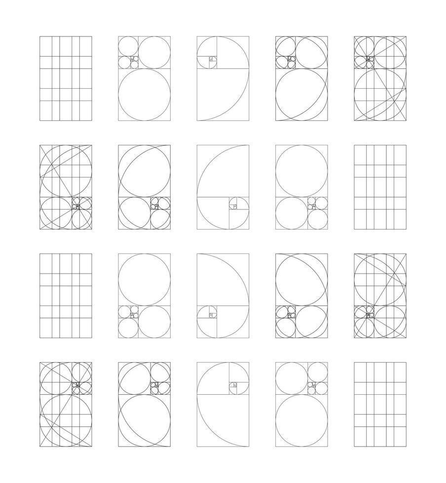 Golden ratio template big set. Fibonacci array, numbers form. Method golden section samples. Golden Spiral. Harmony proportions simple black frames. Outline graphic thin printable flat illustration. vector