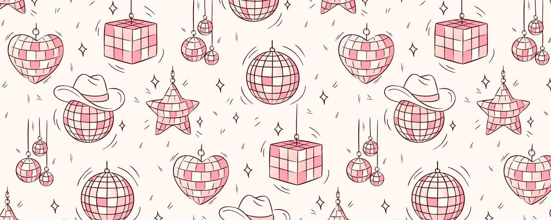 A pink disco party pattern in style with shiny ball elements, club vibes and retro details. This seamless disco ball pattern is perfect for celebration prints, dance posters or groovy design. vector