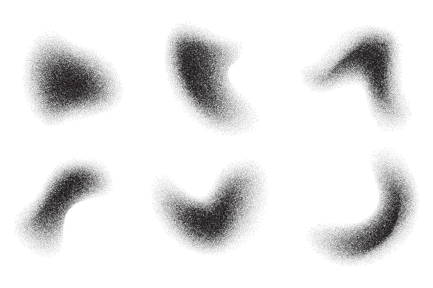 Grainy dotted gradient with pattern of noise texture. Wavy brushstrokes with dust effect. Set of stipple splashes and shadows. Fluid liquid random fades isolated on white background vector