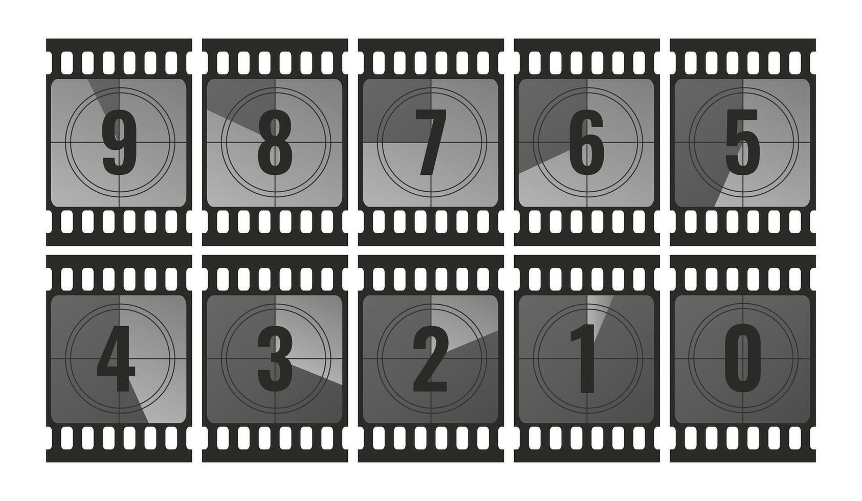 Collection of countdown film strip frames with numbers. From 9 to 0. Retro cinema movie timer counters vector