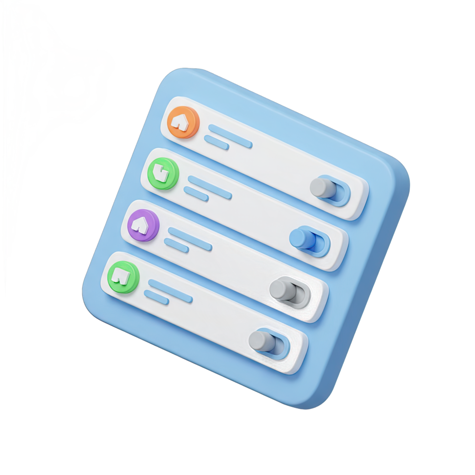 3d leggero blu ui design con quattro elenco elementi con circolare icone e ginocchiera interruttori contro un' trasparente sfondo png