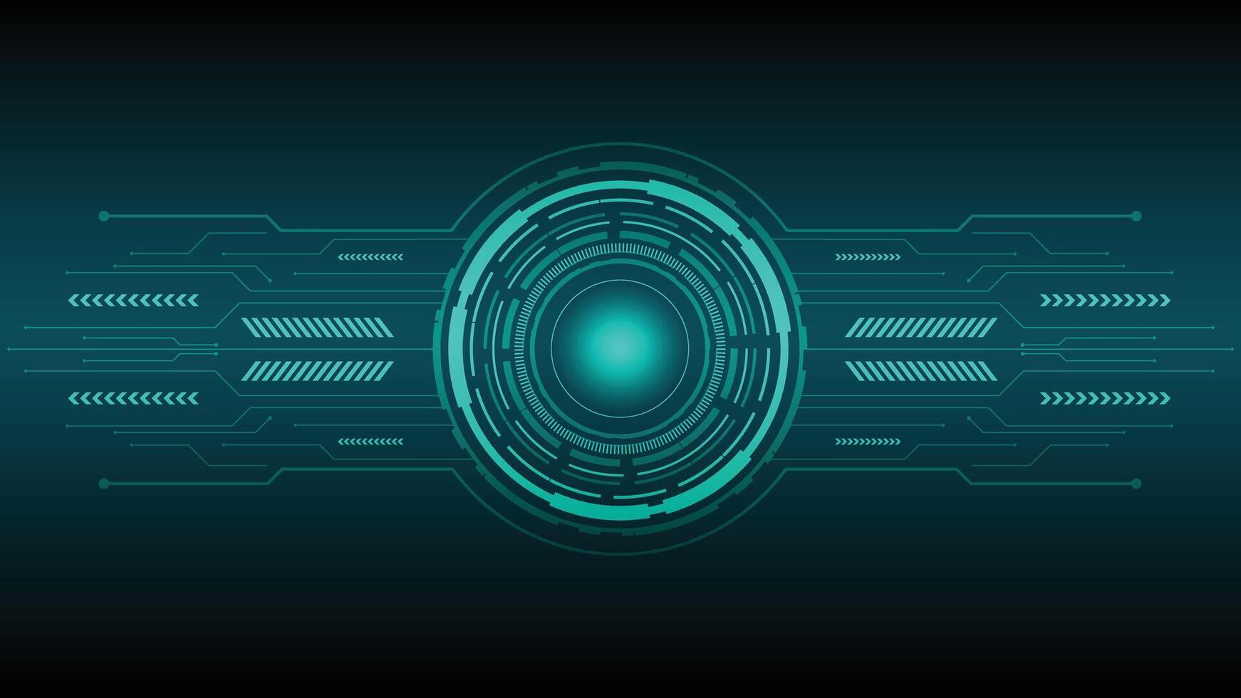 Futuristic technology background with glowing teal circular interface, circuit lines, and arrows, perfect for innovation, AI, digital data, and modern tech concepts. vector