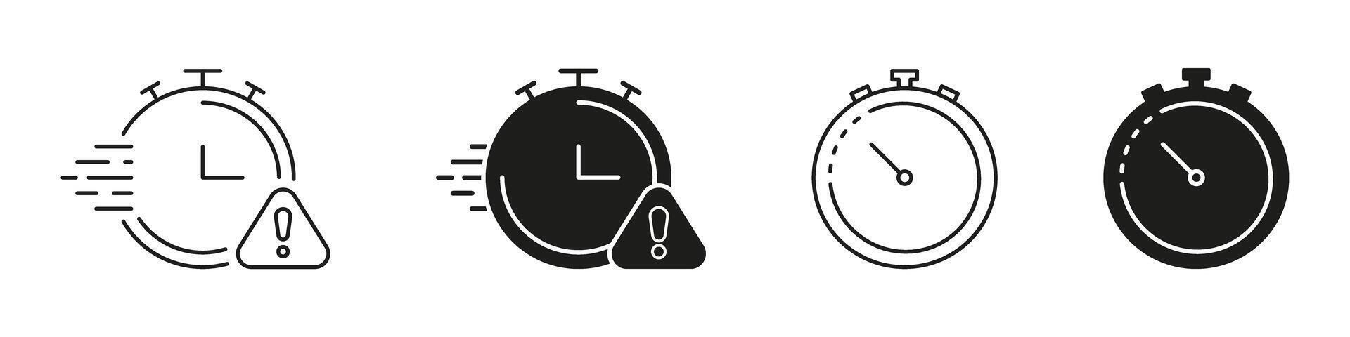 Stopwatch With Alert Icon Set. Time Management, Urgency, And Deadline Notification Outline And Silhouette Symbol Collection. Efficiency And Productivity. Isolated Illustration vector