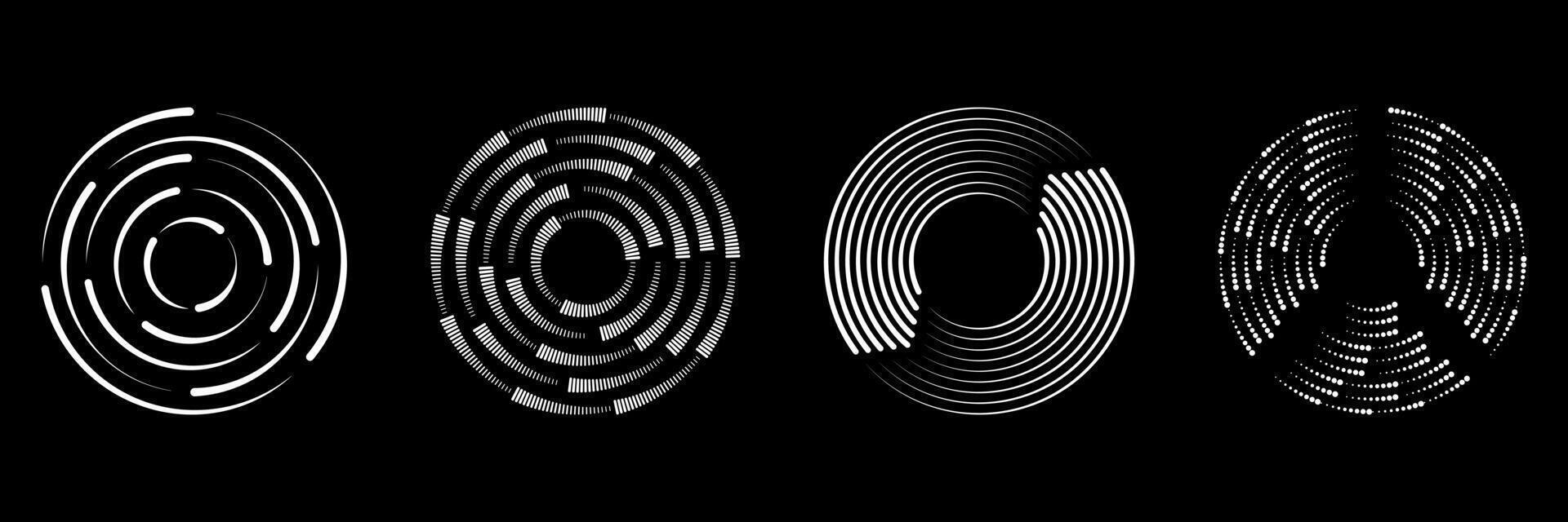 Halftone Geometric Speed Lines Circle Set. Thick Halftone Dashed Speed Lines. Collection Of Abstract Spiral Circular Line Shapes. Isolated Illustration vector