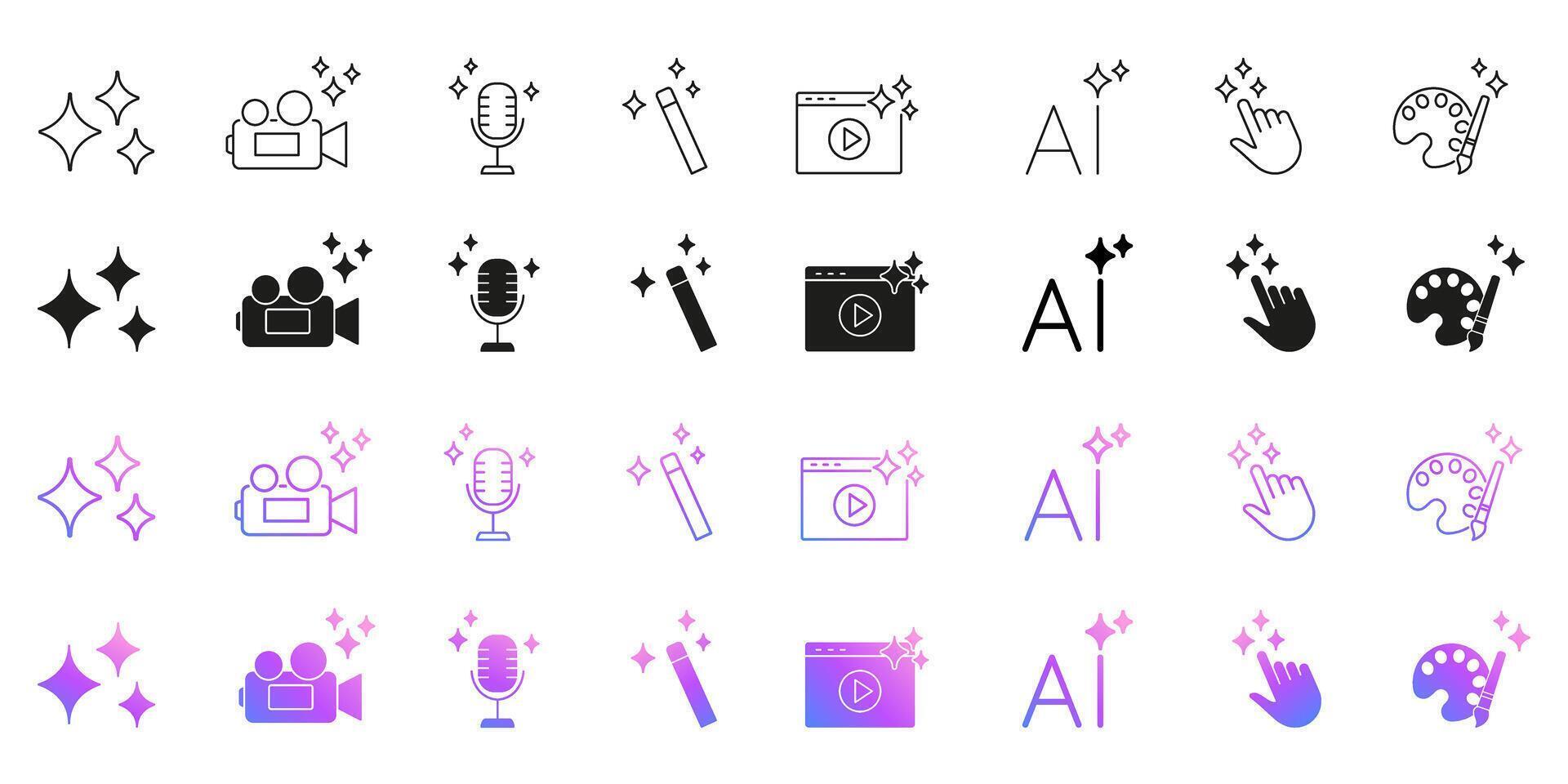 AI Icon Collection for Artificial Intelligence Creativity, Media, Code, Writing and Smart Automation. Set of AI Sparkles, Play Button, Wand, Music, Camera and Document. Isolated Illustration vector