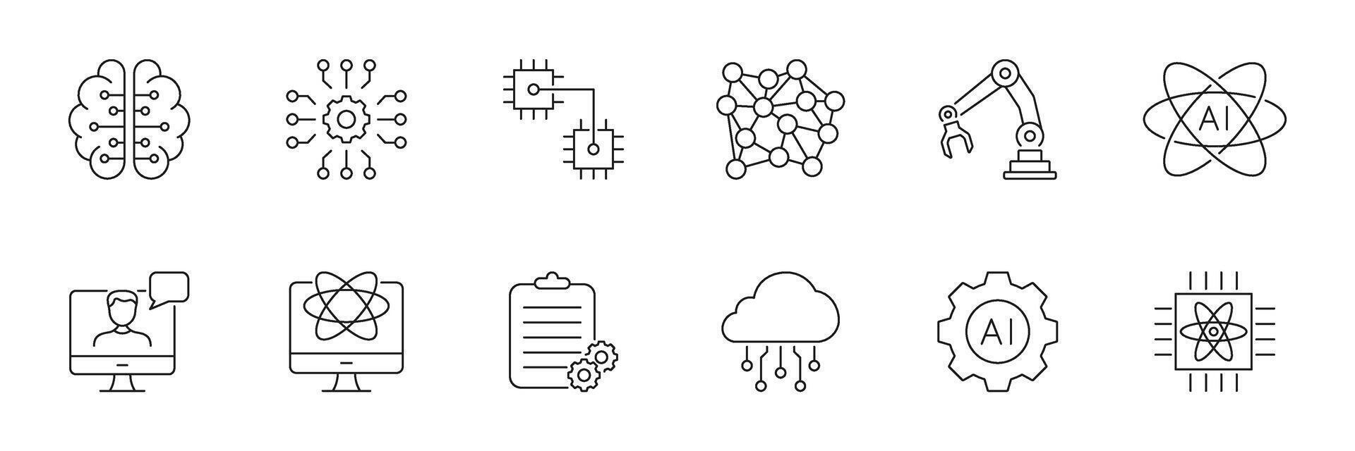 Artificial Intelligence Research, Robotics and Cloud Technology Line Icon Set. Neural Networks, Machine Learning and Data Science Outline Symbol. Editable Stroke. Isolated Illustration vector