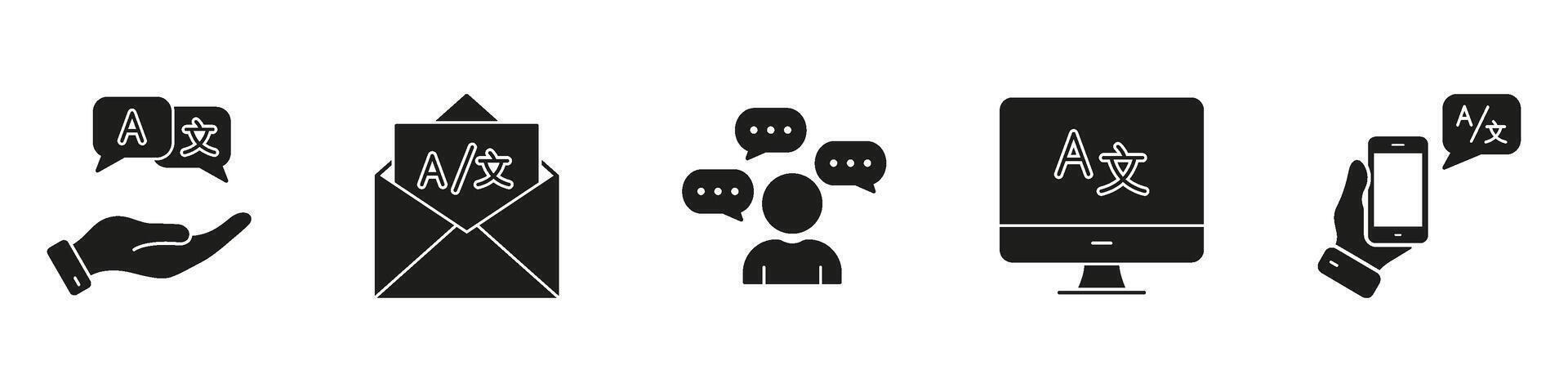 Multilingual Communication Silhouette Icon Set. Includes Message Support, Email, Chat Dialog, Computer Display, and Mobile App Solid Symbol Collection. Isolated Illustration vector