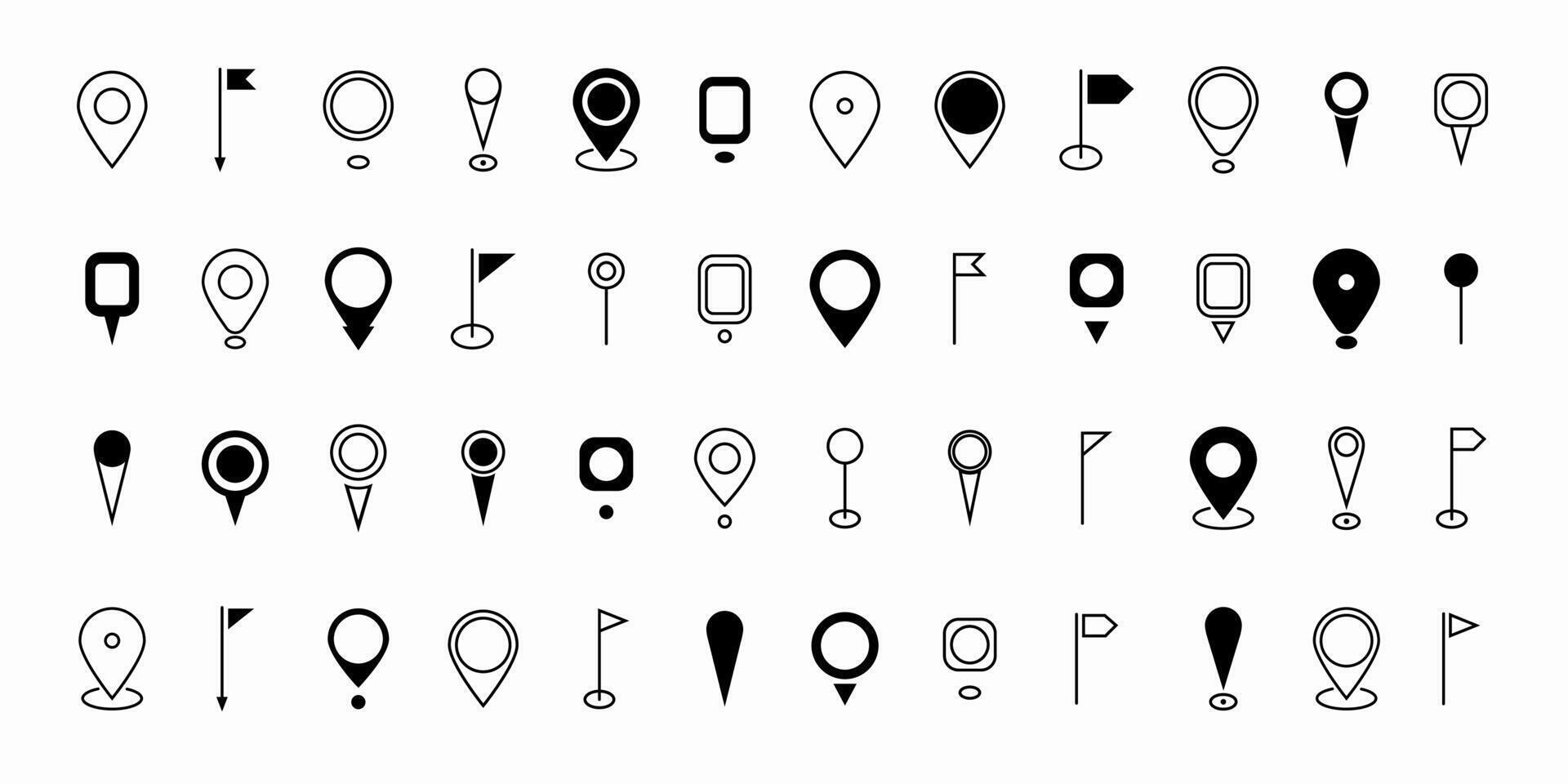 Black map pin icons in a flat modern style. This set features location markers, destination symbols, and GPS pointer logos. vector