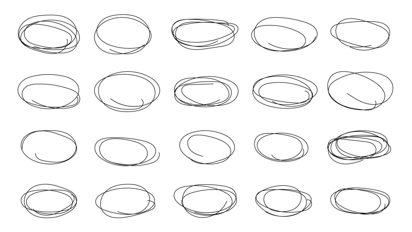 Hand drawn abstract elements in pencil and pen, including scribble ovals and ellipses. This set on a white background features grunge frames, borders, and doodle sketched highlight circles. vector