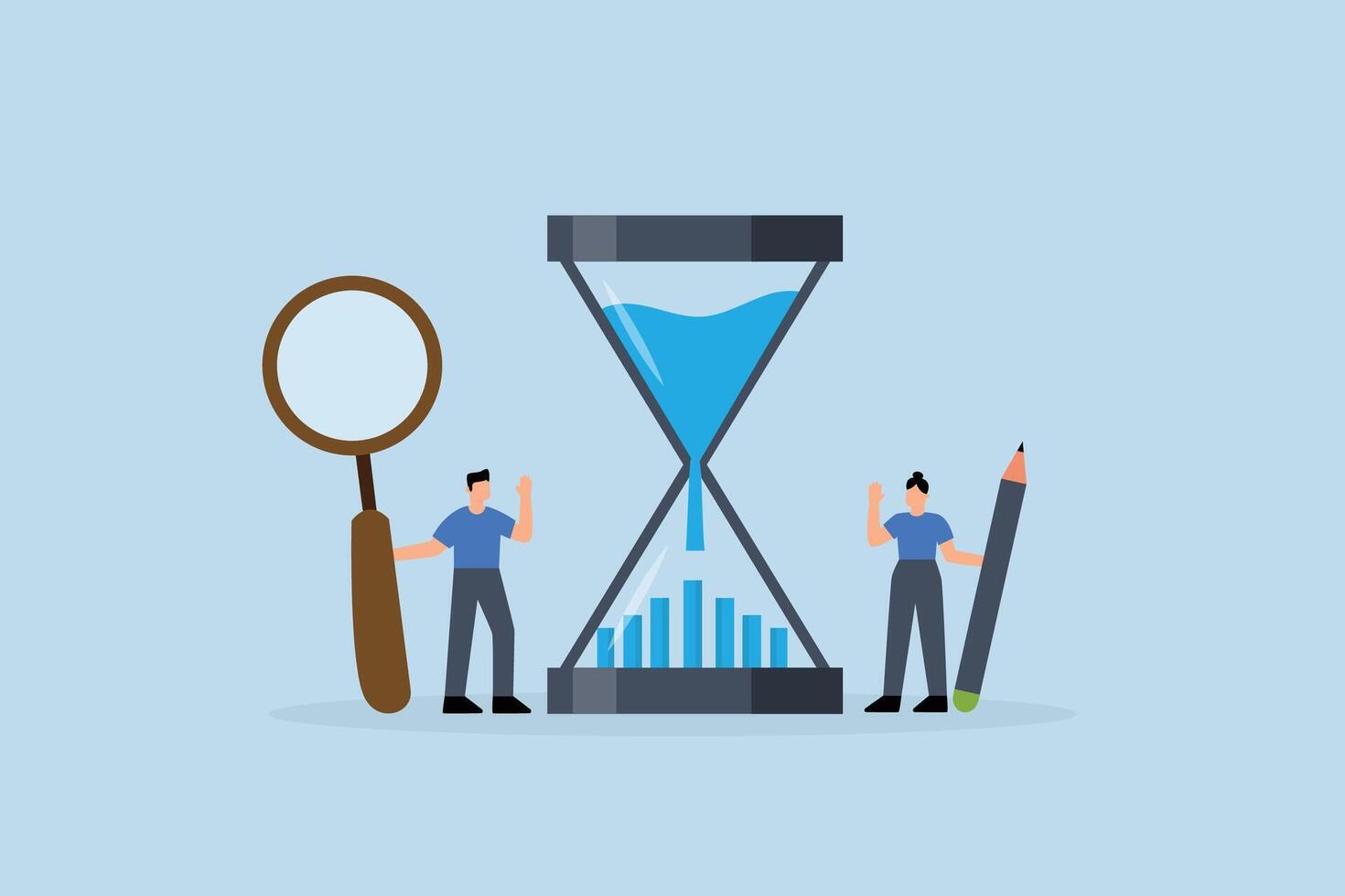 Time management analysis, Business professionals, project managers, and analysts examine a time graph represented in an hourglass vector