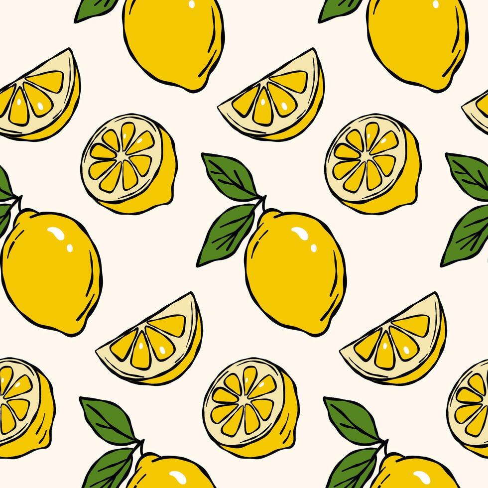Seamless lemon pattern with whole fruits and citrus slices vector