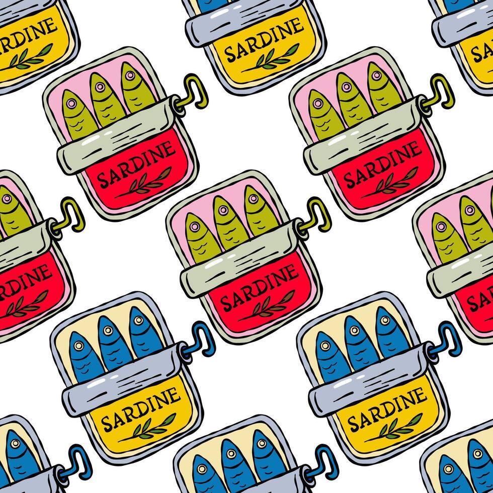 Seamless pattern with colorful sardine tins in pop art style vector