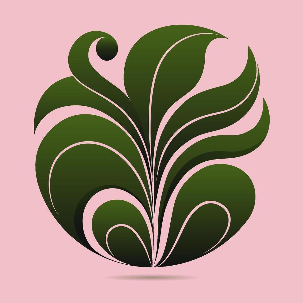 Abstract Green Botanical Shape on Pink Background. Modern abstract illustration featuring a stylized green botanical design with flowing, leaf-like curves vector