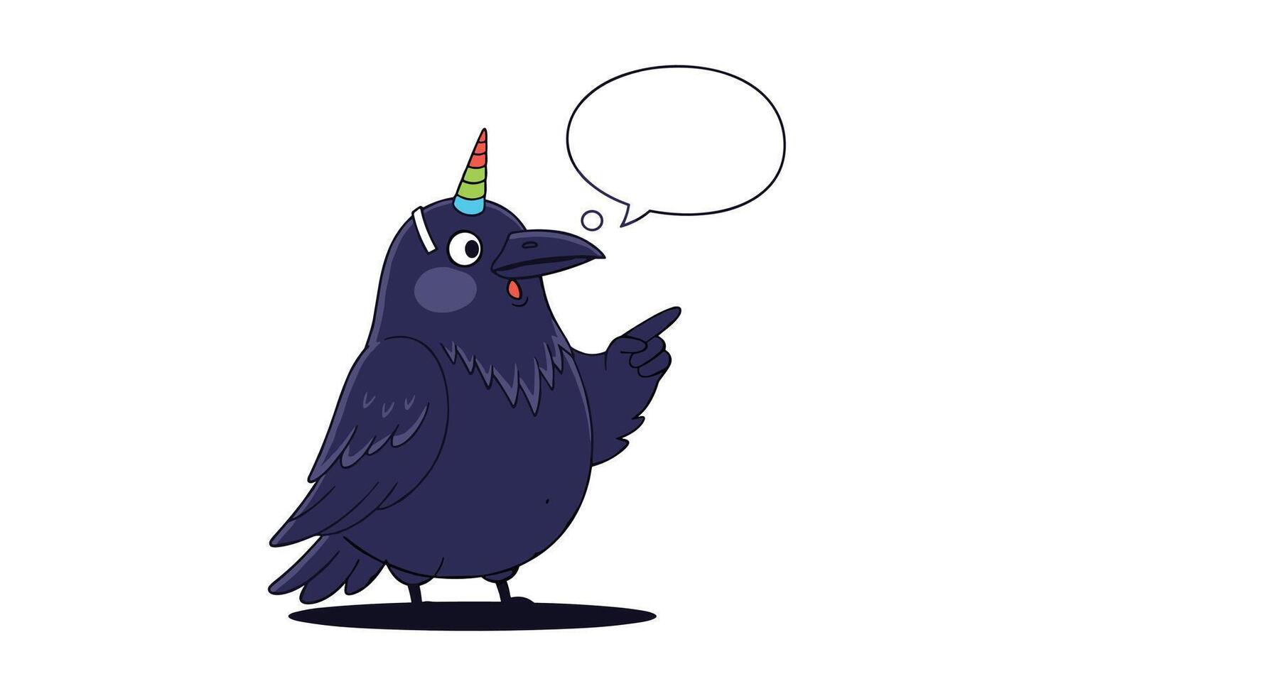 A whimsical cartoon black crow wearing a vibrant rainbow unicorn horn points its wing, with an empty thought bubble floating above its head on a clean white background. vector