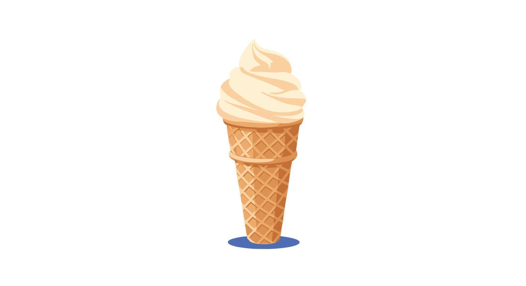 A delightful, smooth vanilla soft serve ice cream swirled high in a classic crispy waffle cone, presented upright on a clean white background with a subtle shadow. vector