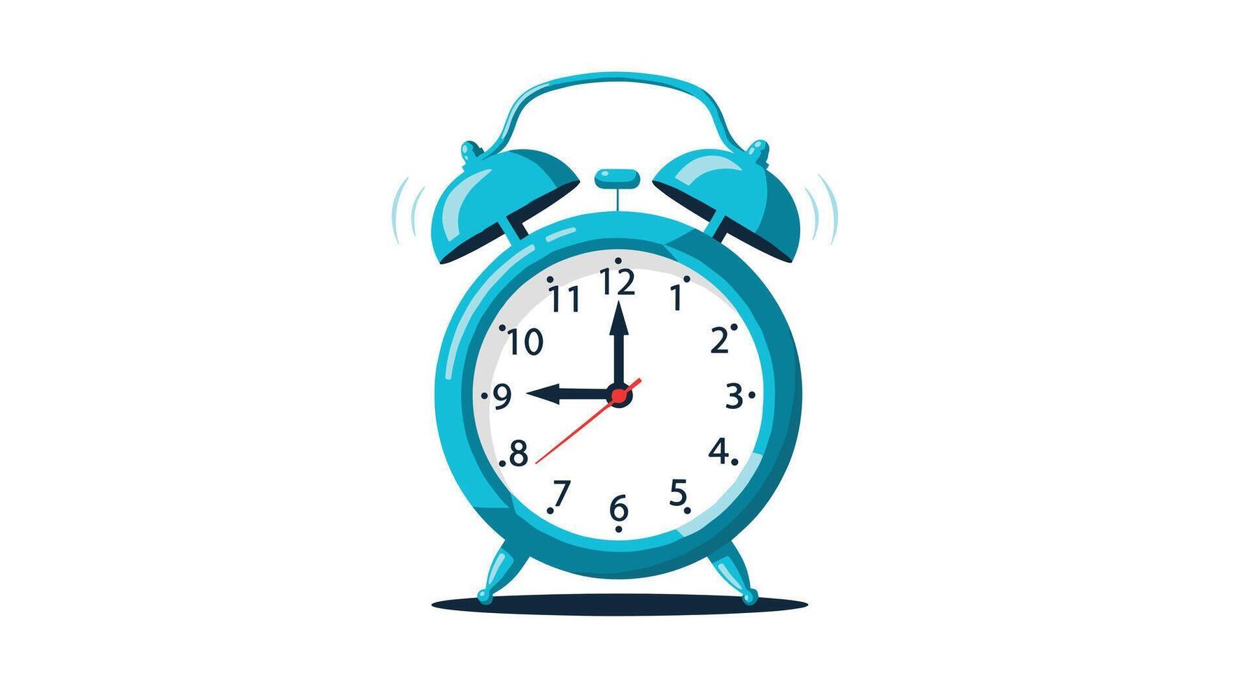 A vibrant blue analog alarm clock is ringing loudly with wavy lines indicating sound, set to precisely 900, symbolizing wake-up calls and urgent deadlines. vector