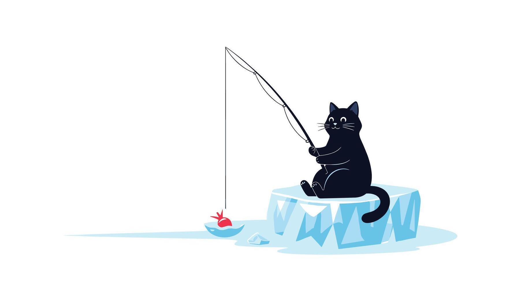 A happy black cat sits on a block of ice, patiently ice fishing with a small red fish as bait, against a clean white background, depicting a whimsical winter scene. vector