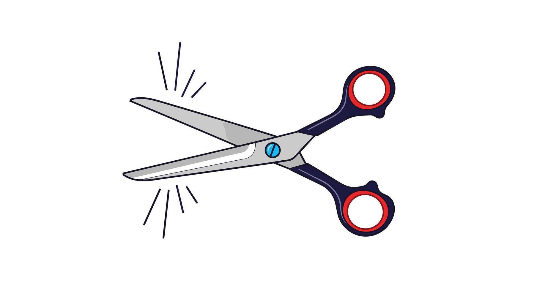 A vibrant illustration depicting a pair of open metal scissors with dark blue handles and red accents, highlighted by light rays, on a white background. vector
