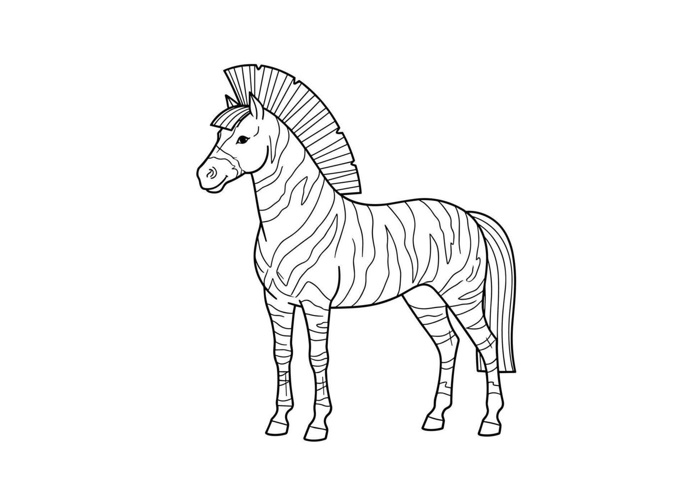 Detailed black and white line drawing of a zebra standing in profile, showcasing its distinctive striped pattern and elegant form. vector
